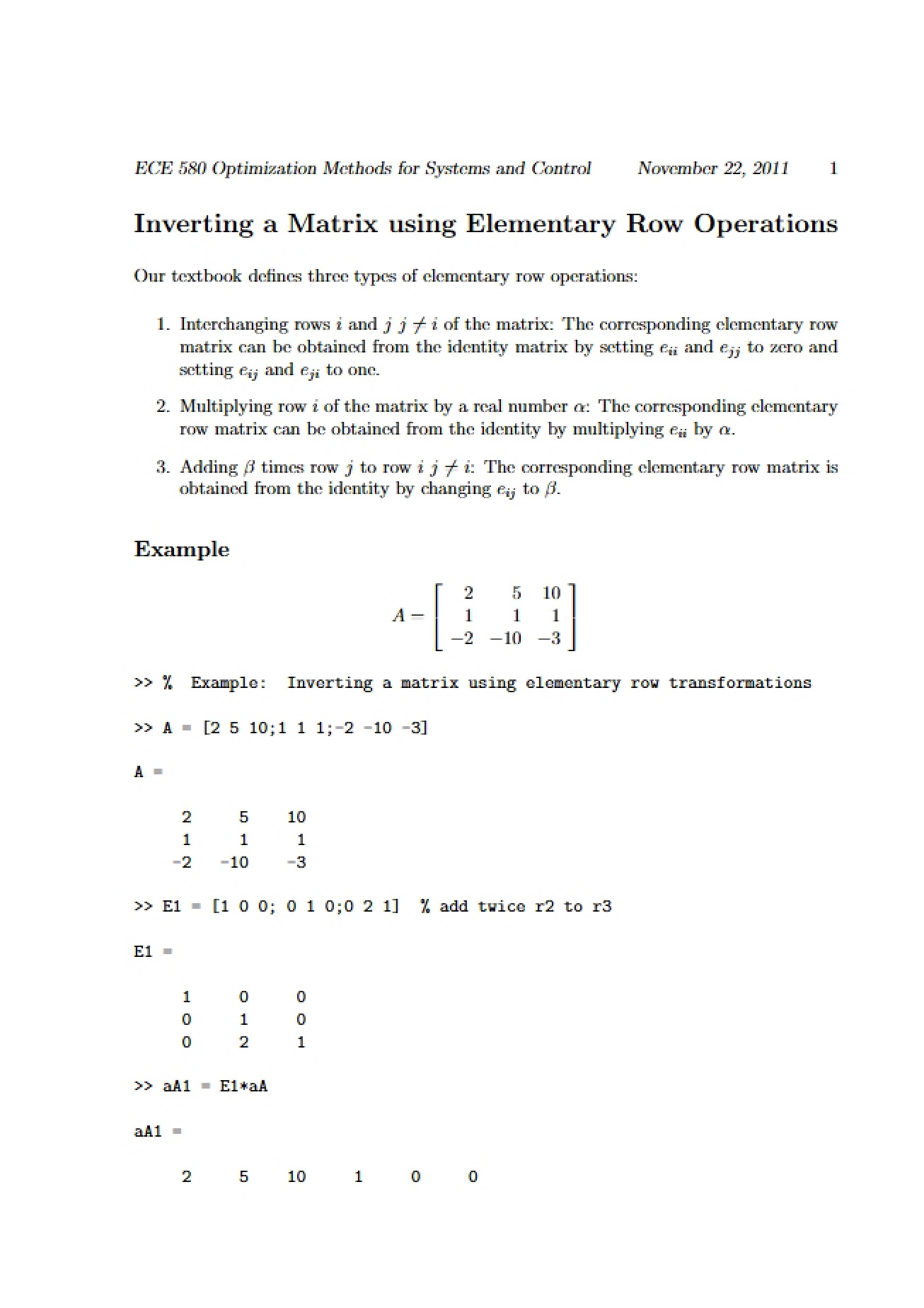 Elementary Row Operations for Matrix Inversion