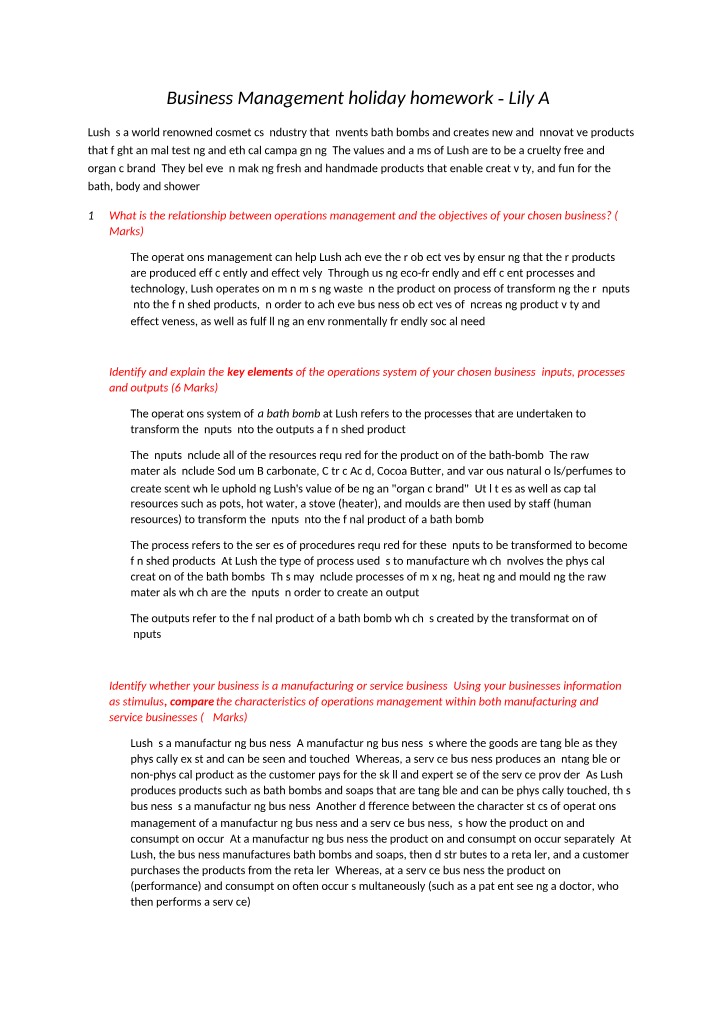 Holiday Homework for Business Management