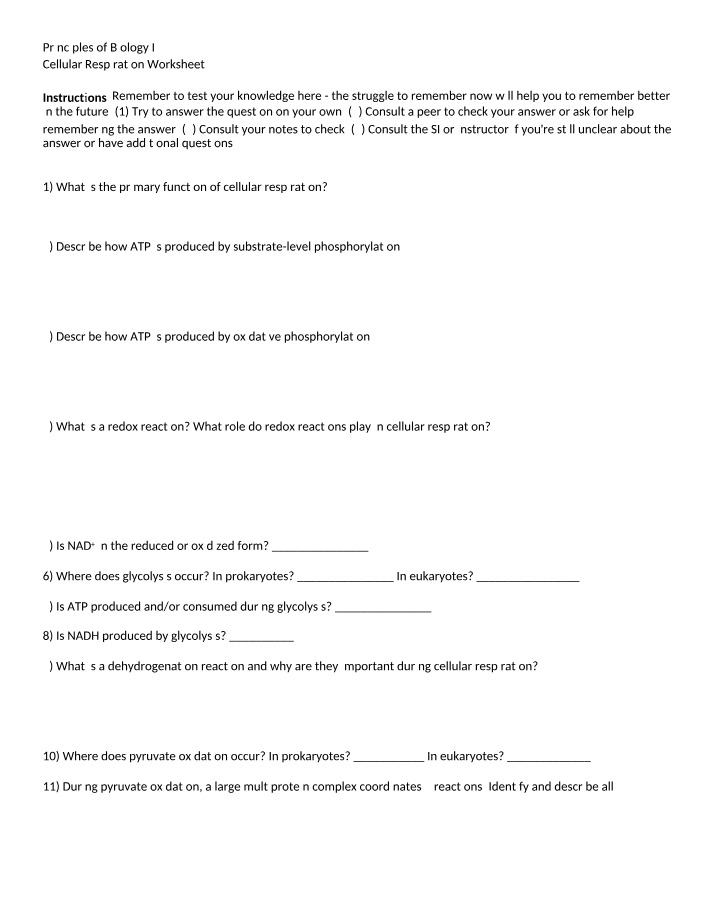 Worksheet on Cellular Respiration