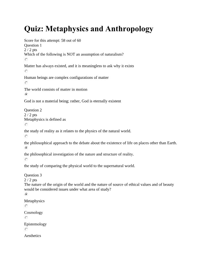 Metaphysics and Anthropology Quiz