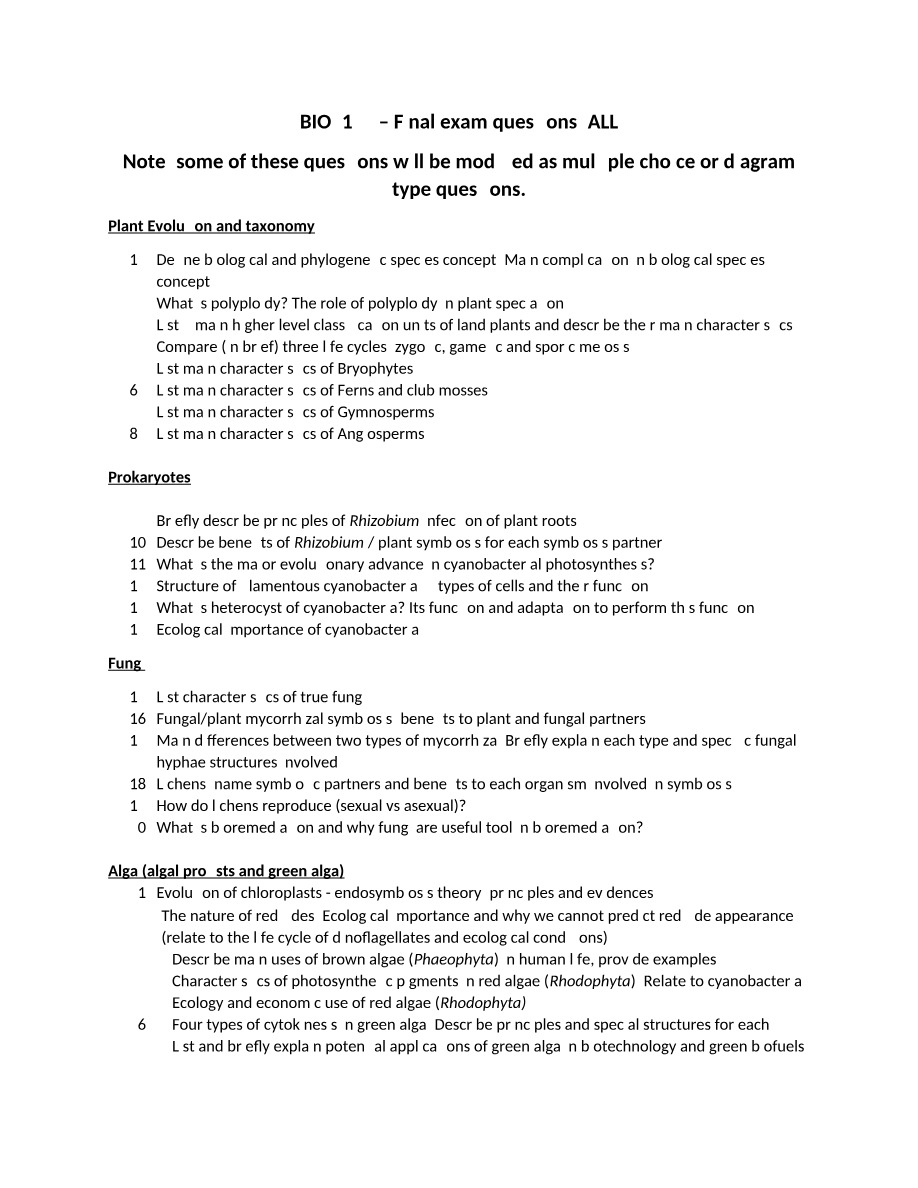 BIO2137 - All Final Exam Questions