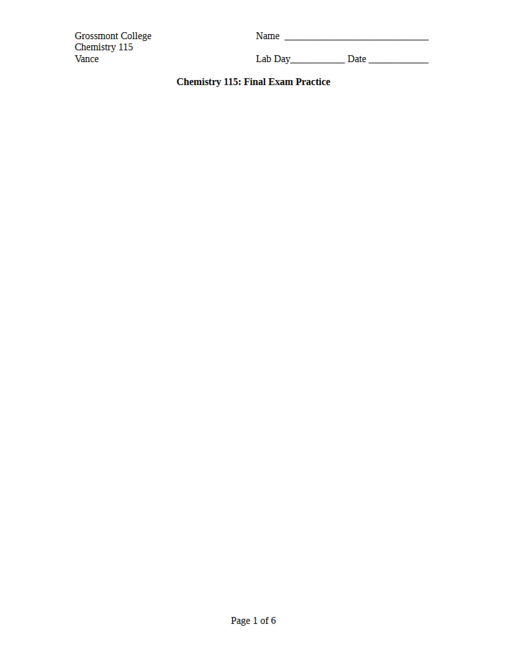 Practice for Chemistry 115 Final
