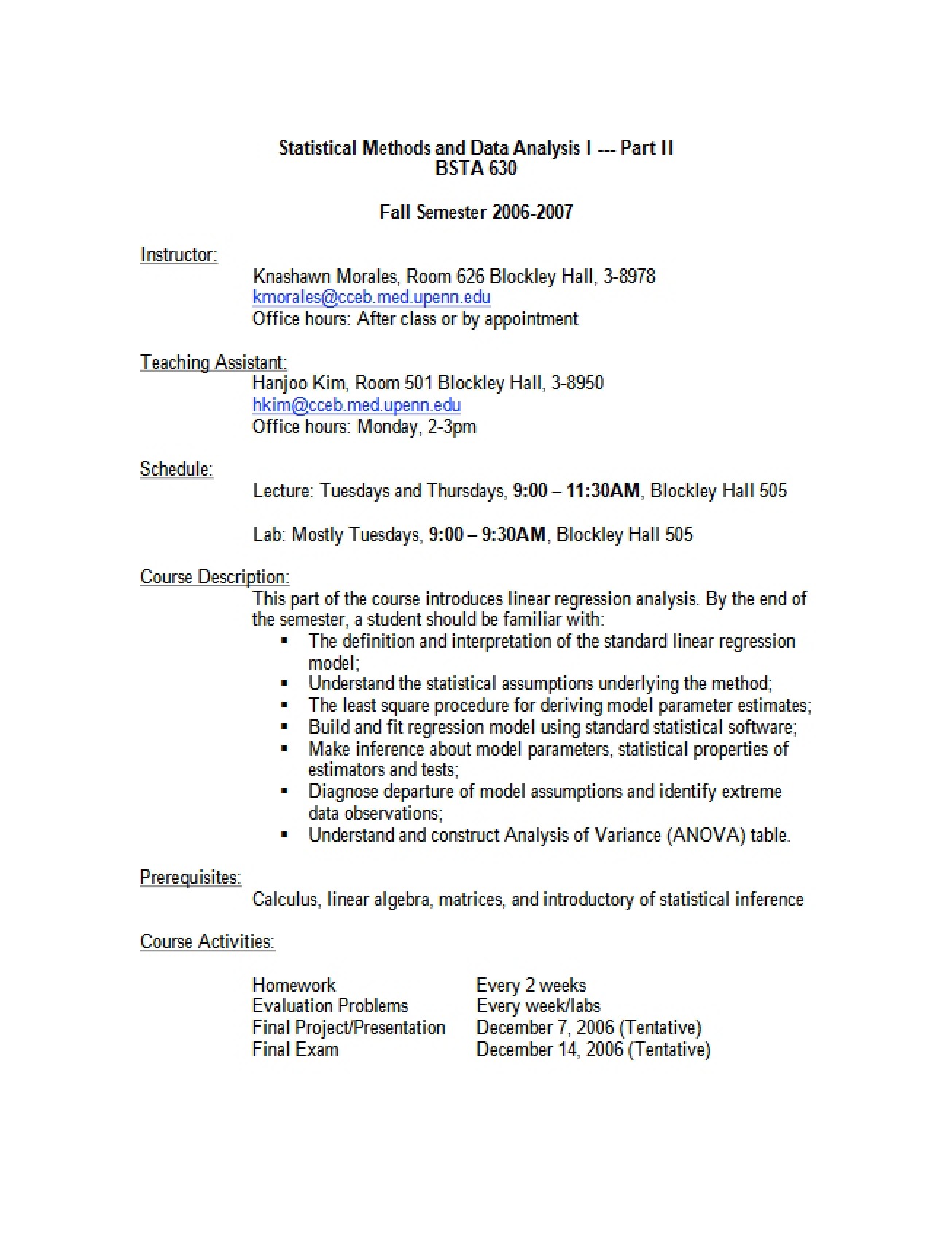 Statistical Methods Course Syllabus - 4 Pages
