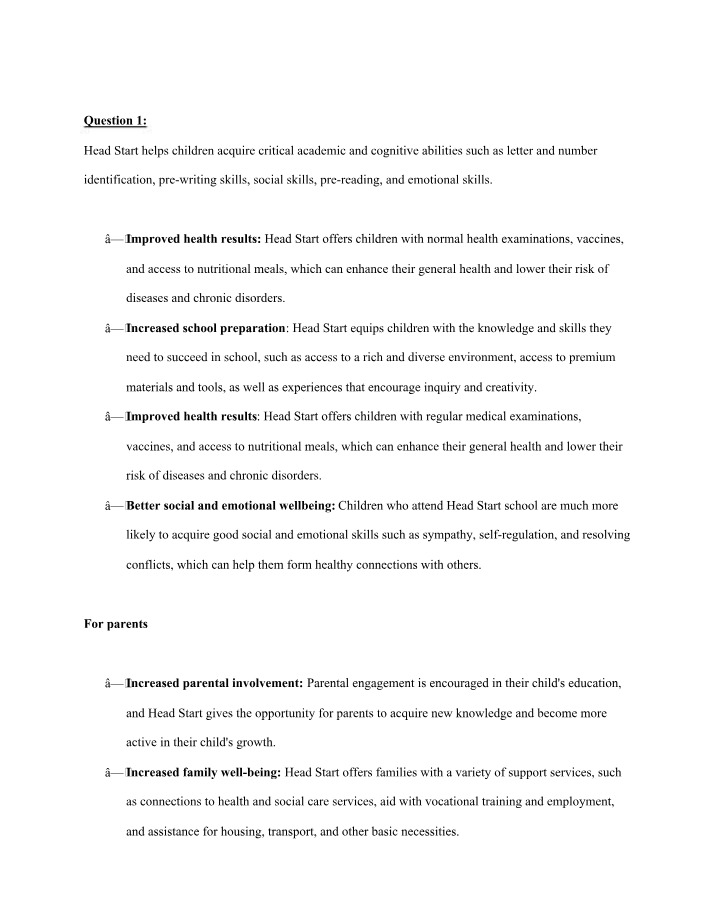 Academic, Health, and Social Benefits of Head Start
