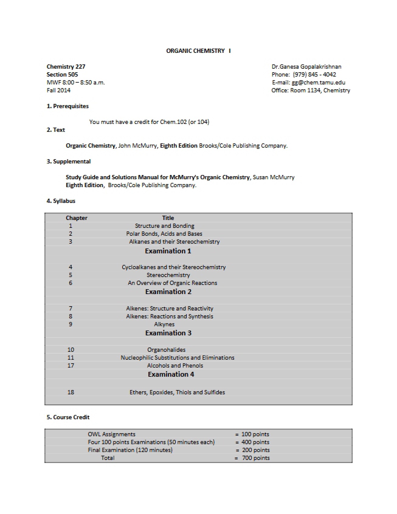 Syllabus for Organic Chemistry I