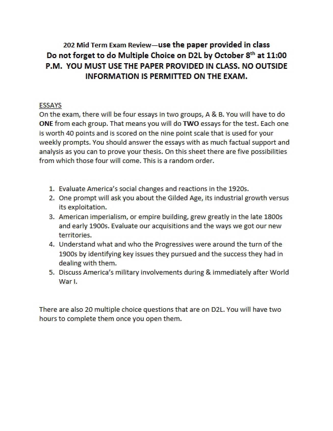 American History (1877-Pres) Midterm Review