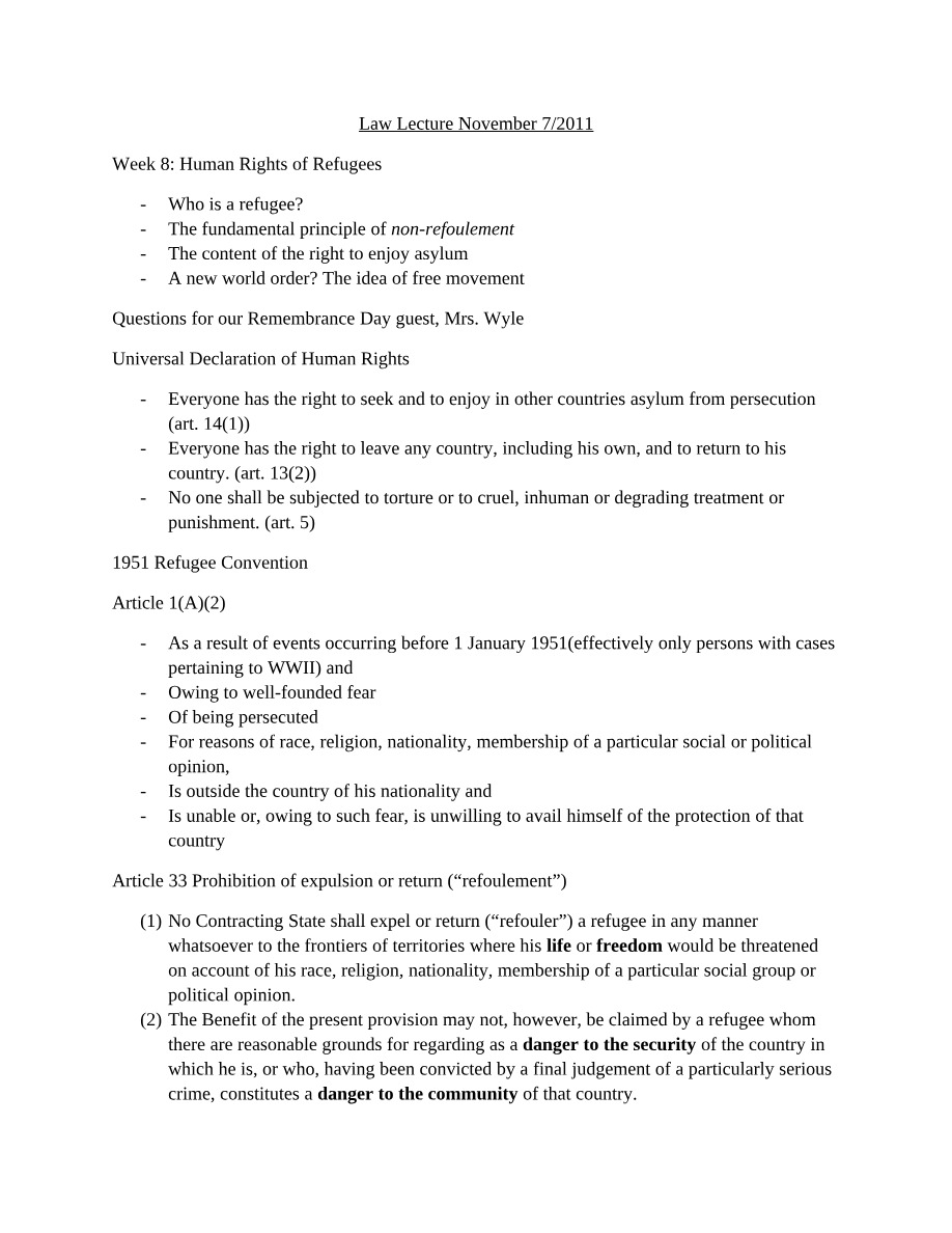 November 7, 2011 Law Lecture - Human Rights of Refugees
