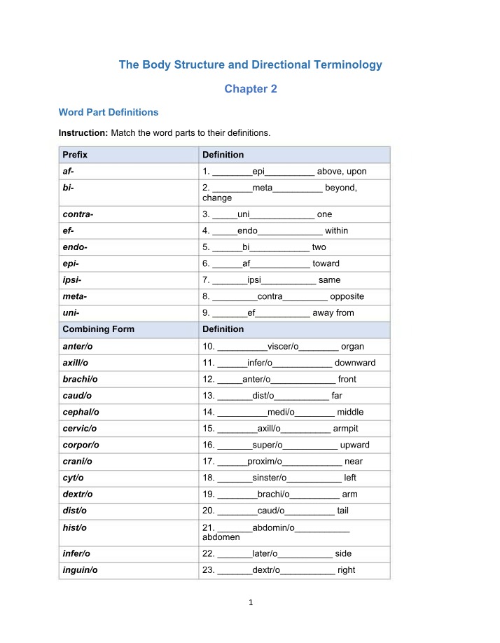 Word Parts for Body Structure and Directional Terminology