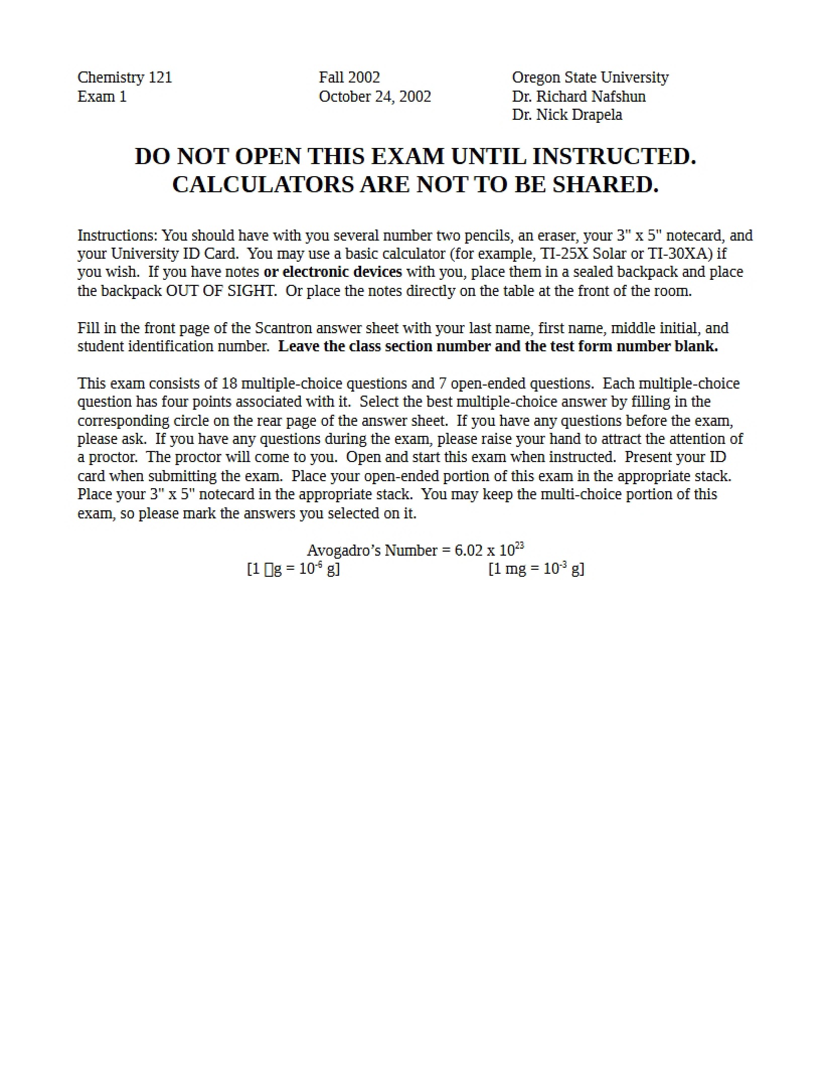Chemistry 121 First Exam