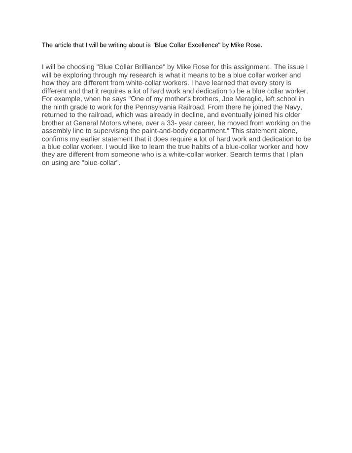 Blue Collar Excellence - Analysis Essay