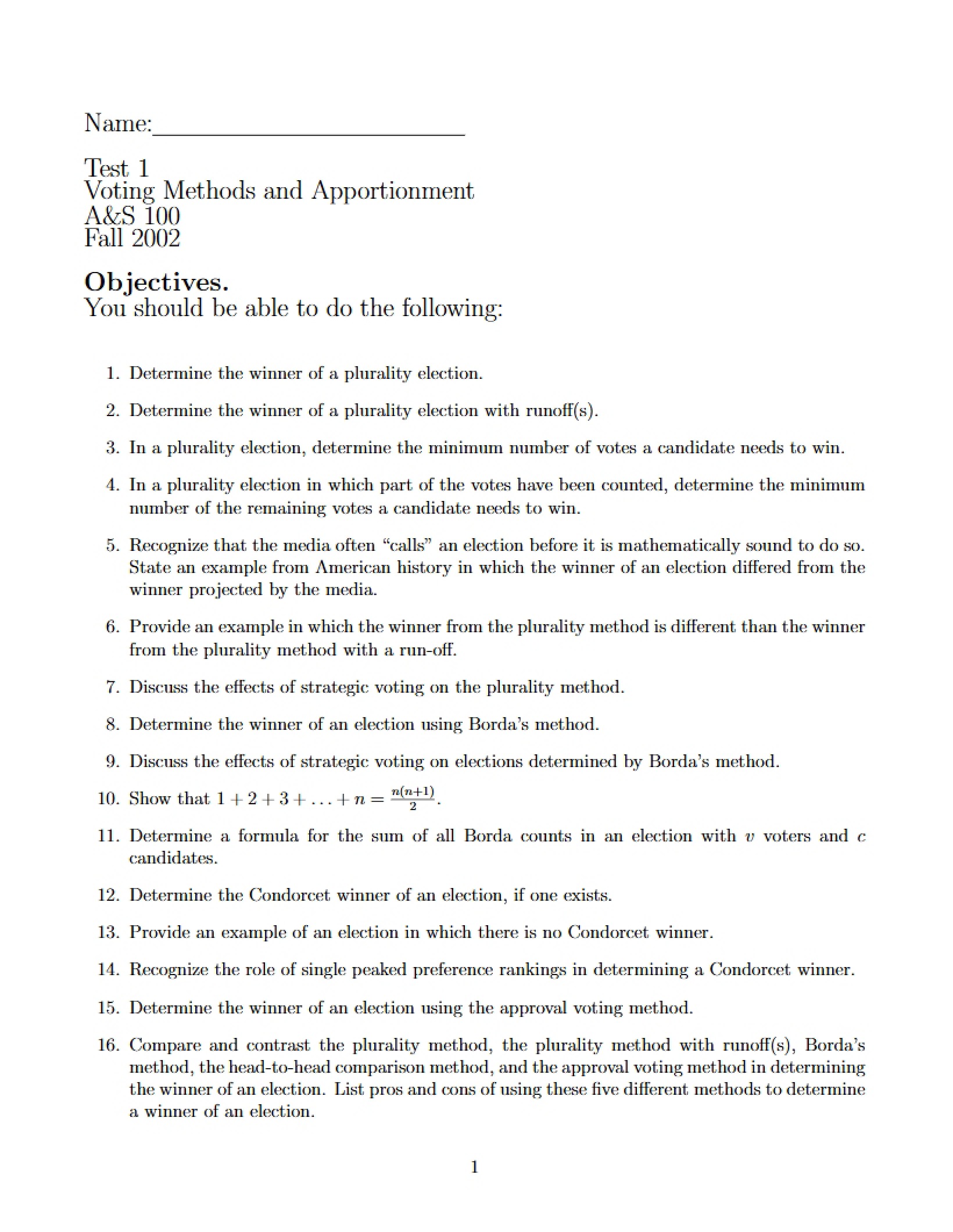 Apportionment and Voting Methods Test One
