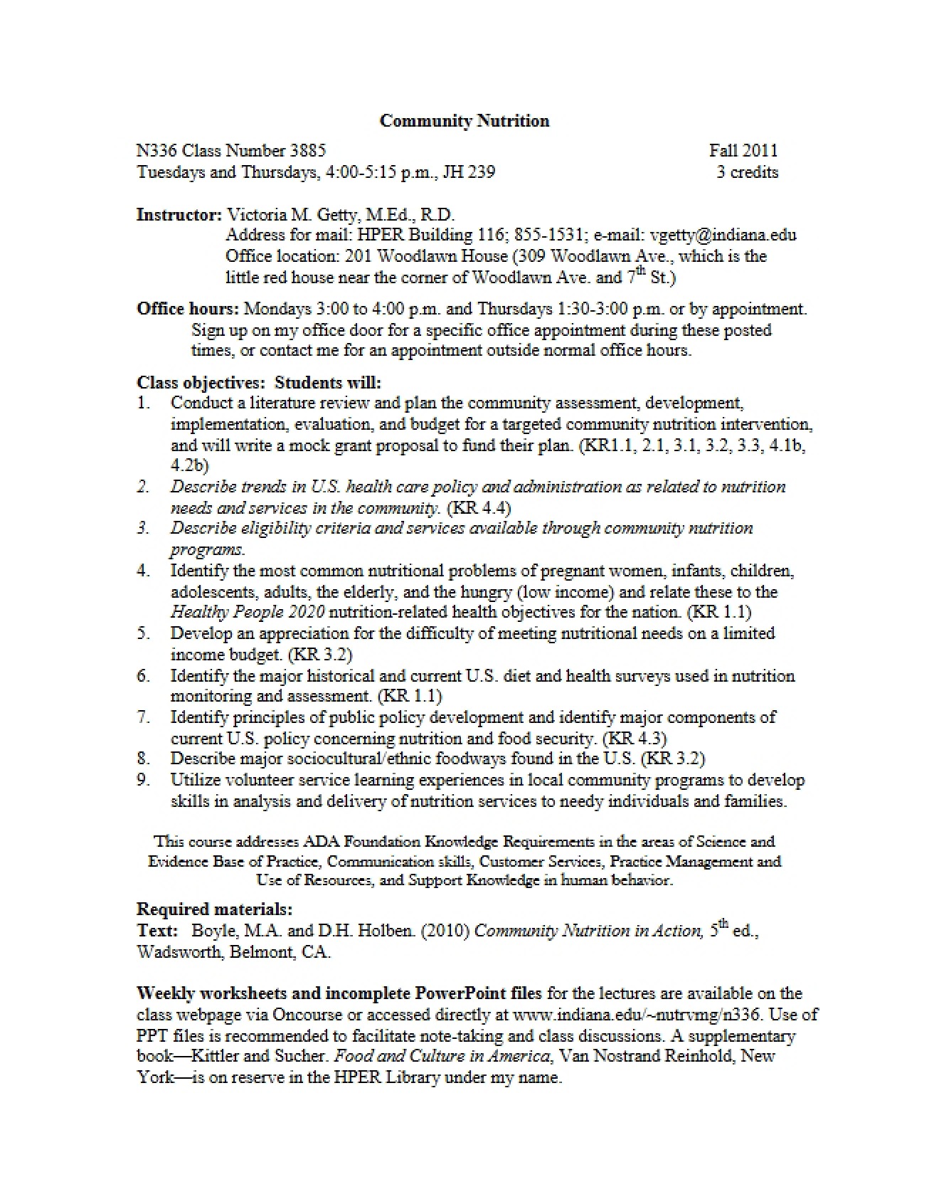 Course Overview for Community Nutrition