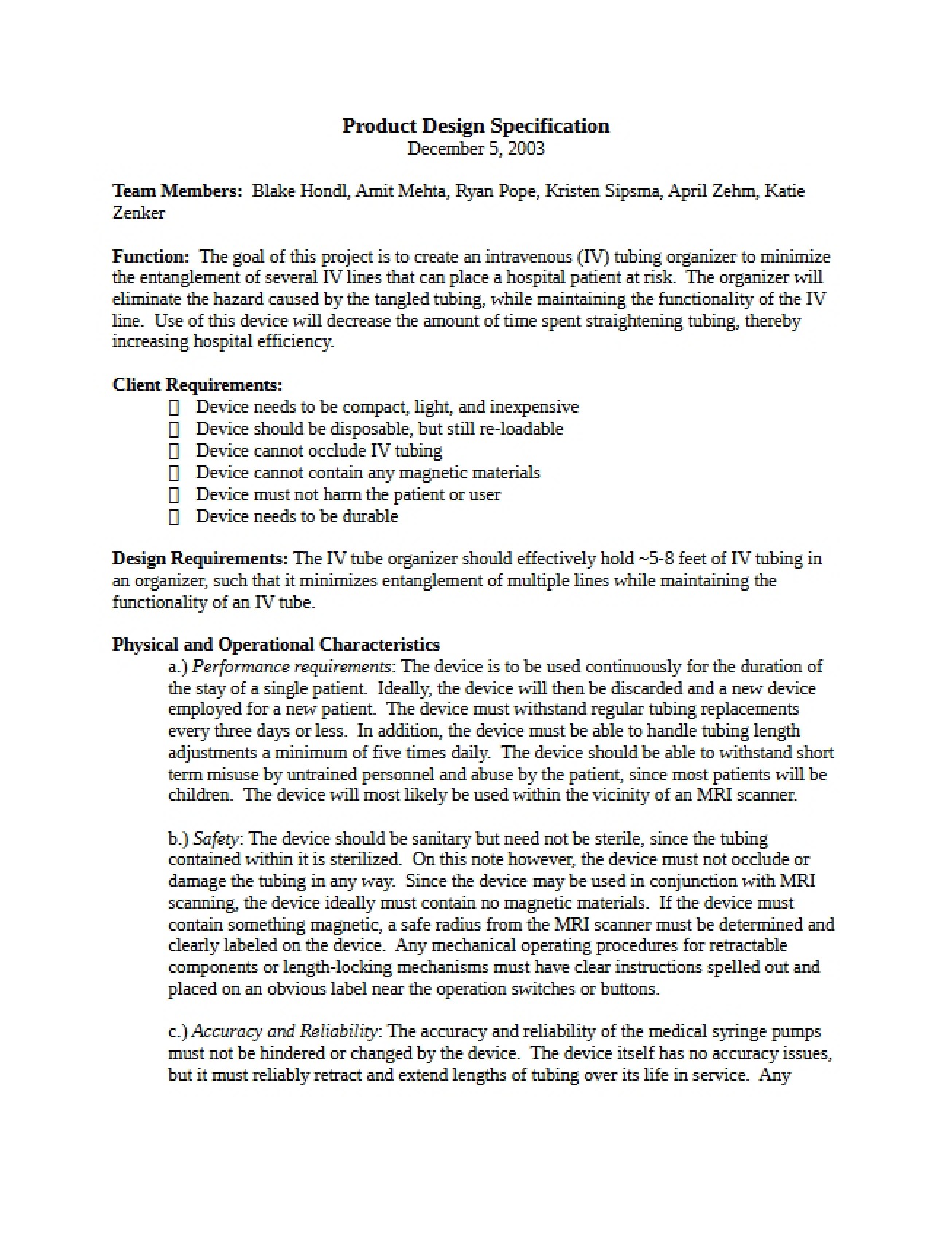 Spec Sheet for Product Design