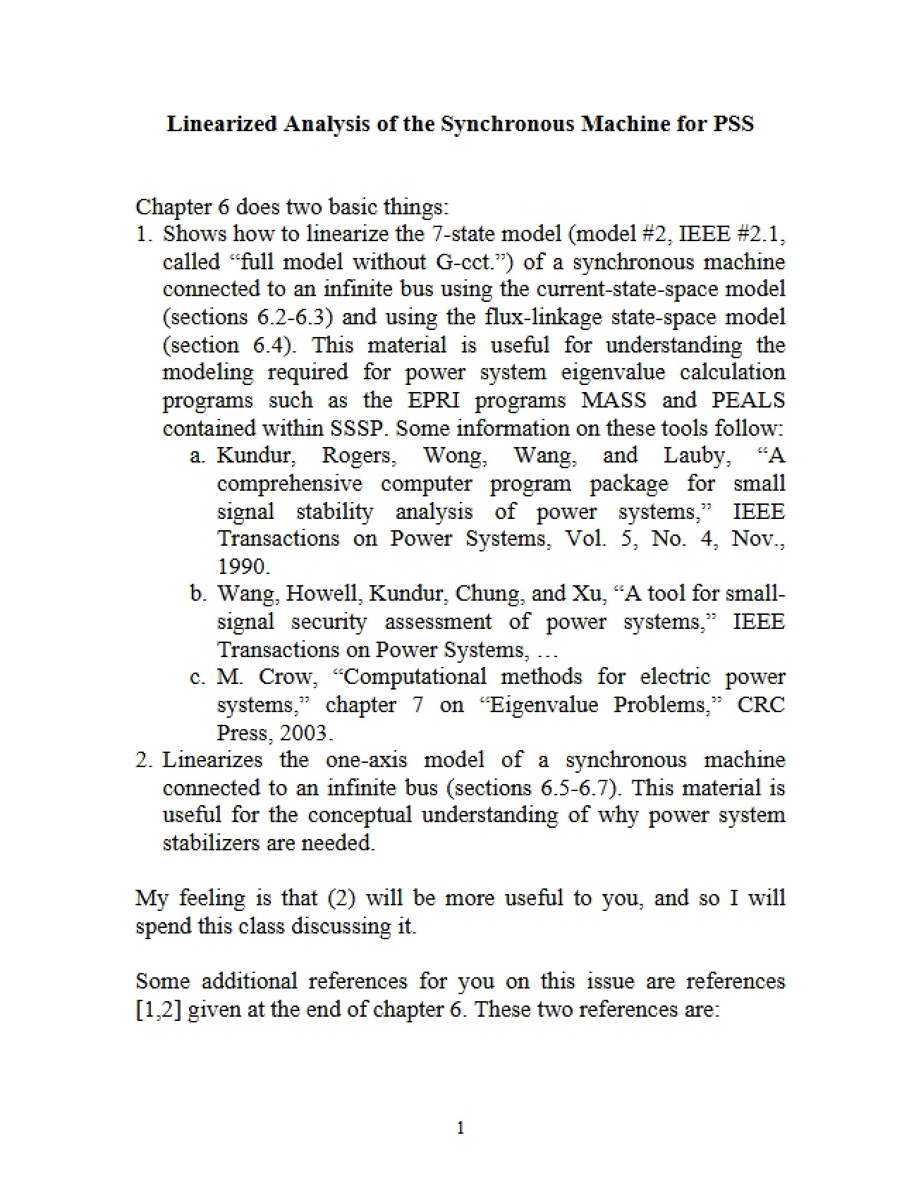 Linearized Analysis of the Synchronous Machine for PSS - 20 Pages