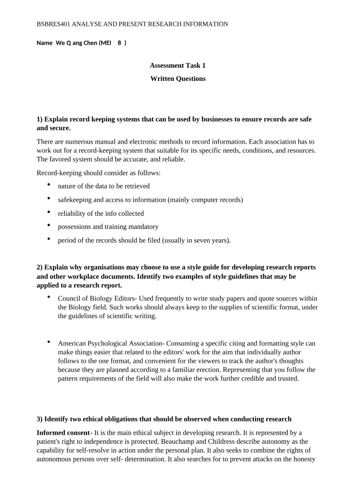 Written Questions for Assessment Task 1