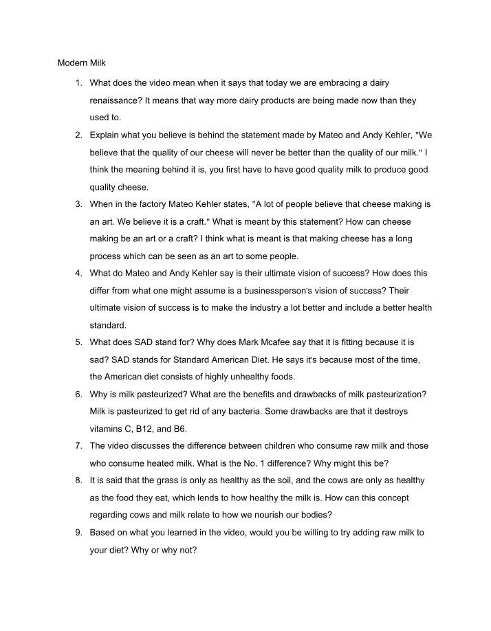 Discussion Questions and Answers on Modern Milk