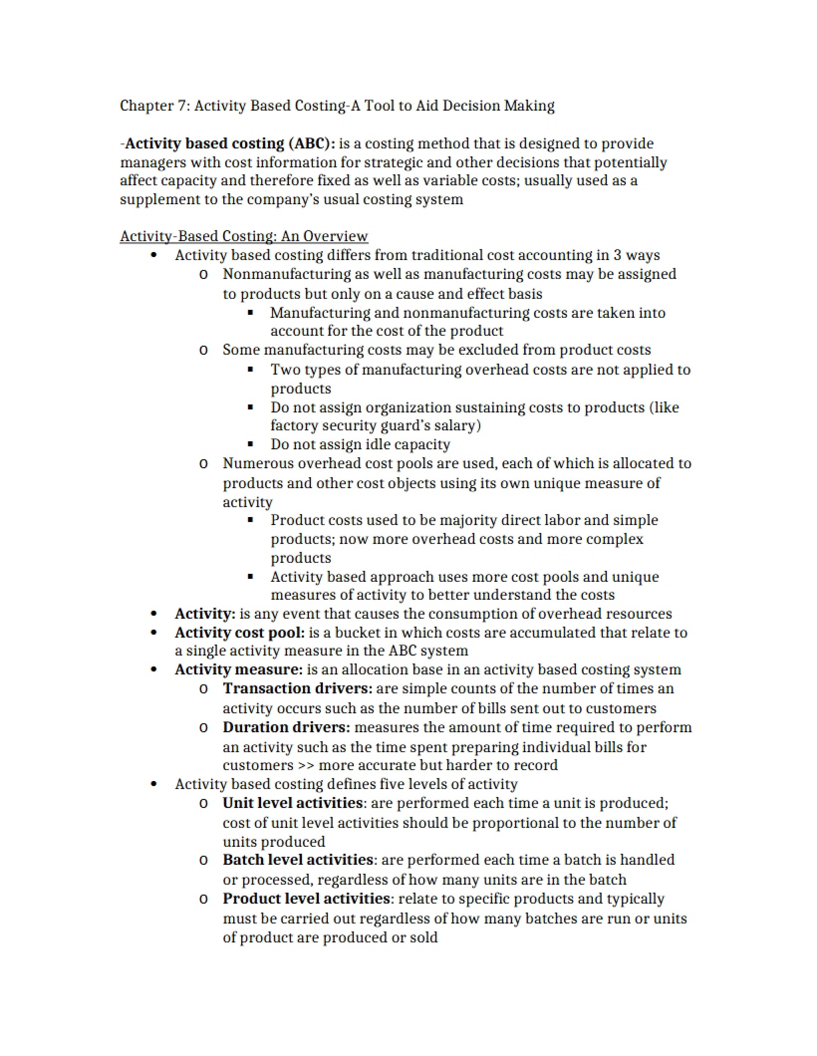 Activity Based Costing for Decision Making (Chapter 7)