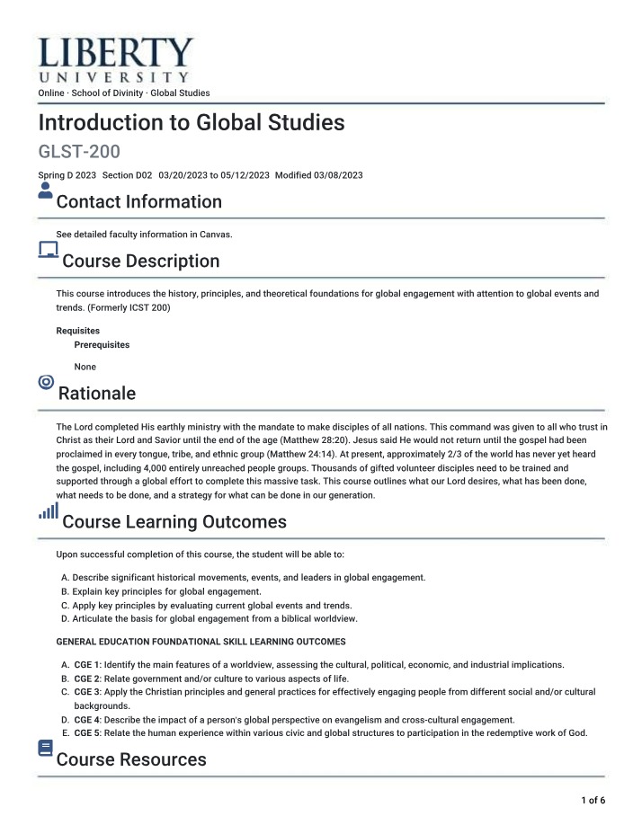 Syllabus - Introduction to Global Studies