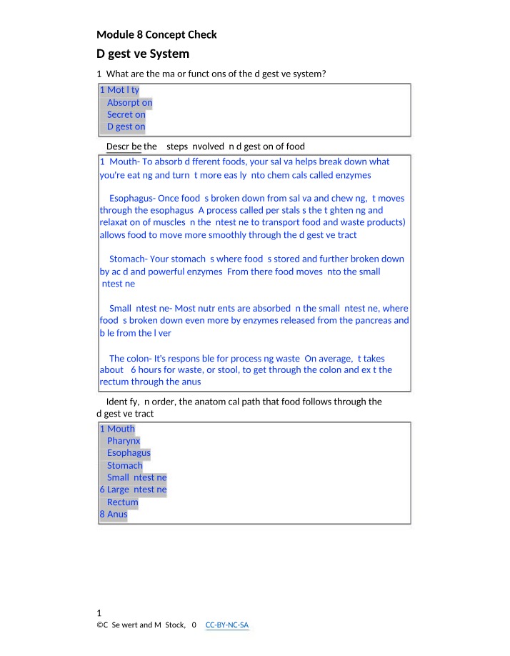 Anatomy and Functions of the Digestive System