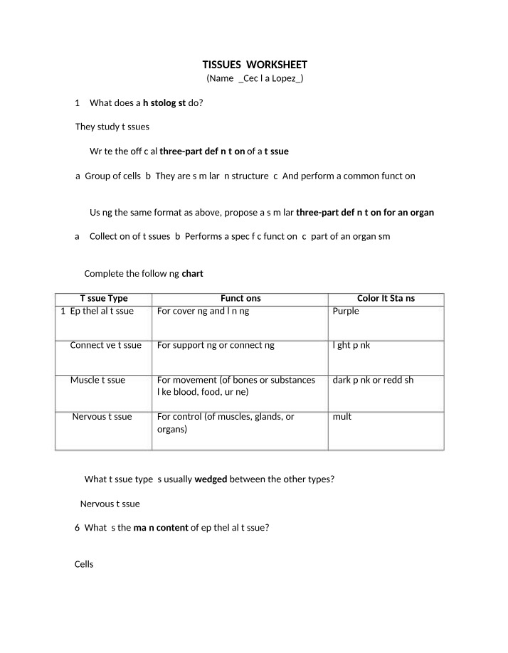 Worksheet - Tissues