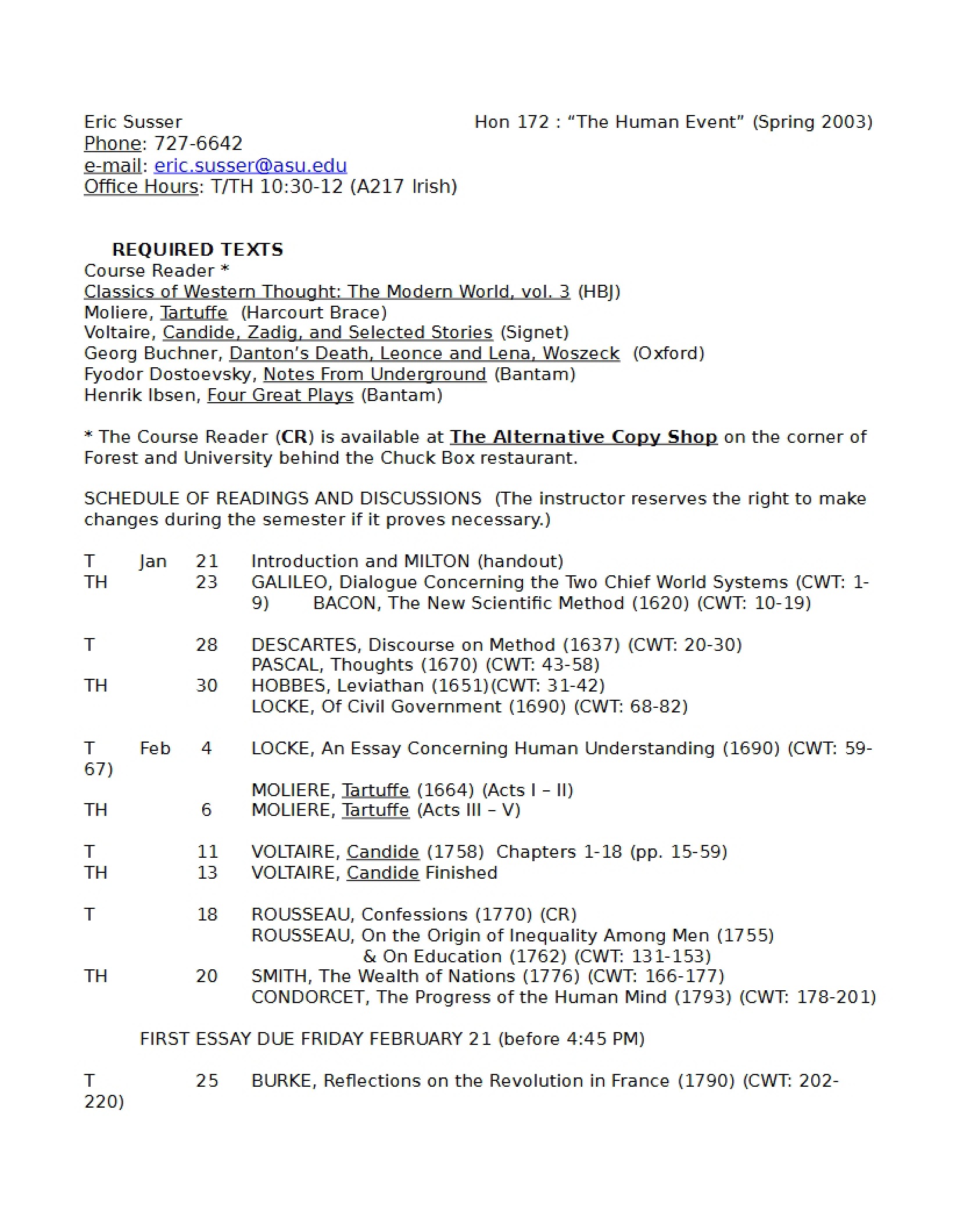 Human Event II Course Outline