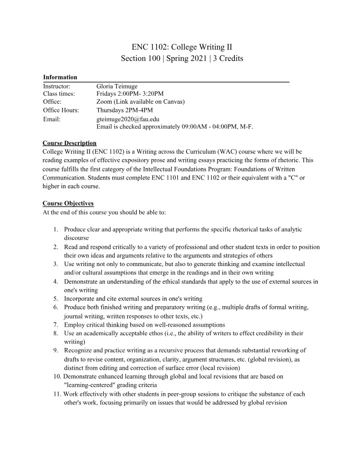 ENC 1102-100 Syllabus - Spring 2021