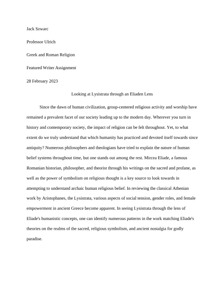 Greek and Roman Religion Blog Post - Jack Szwarc