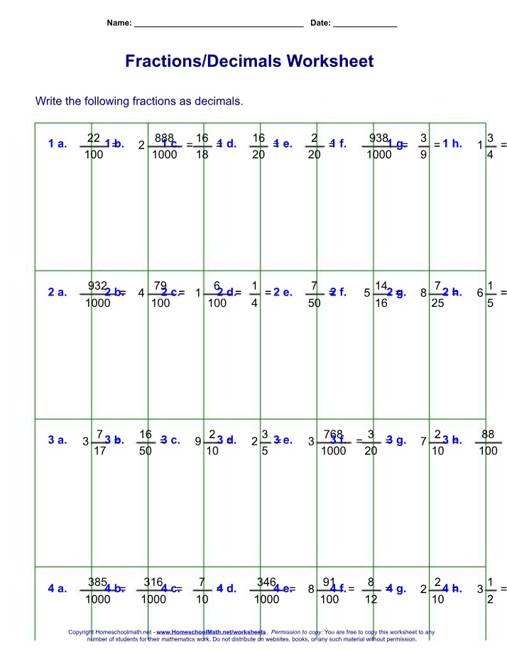 Decimal and Fraction Conversion Worksheet