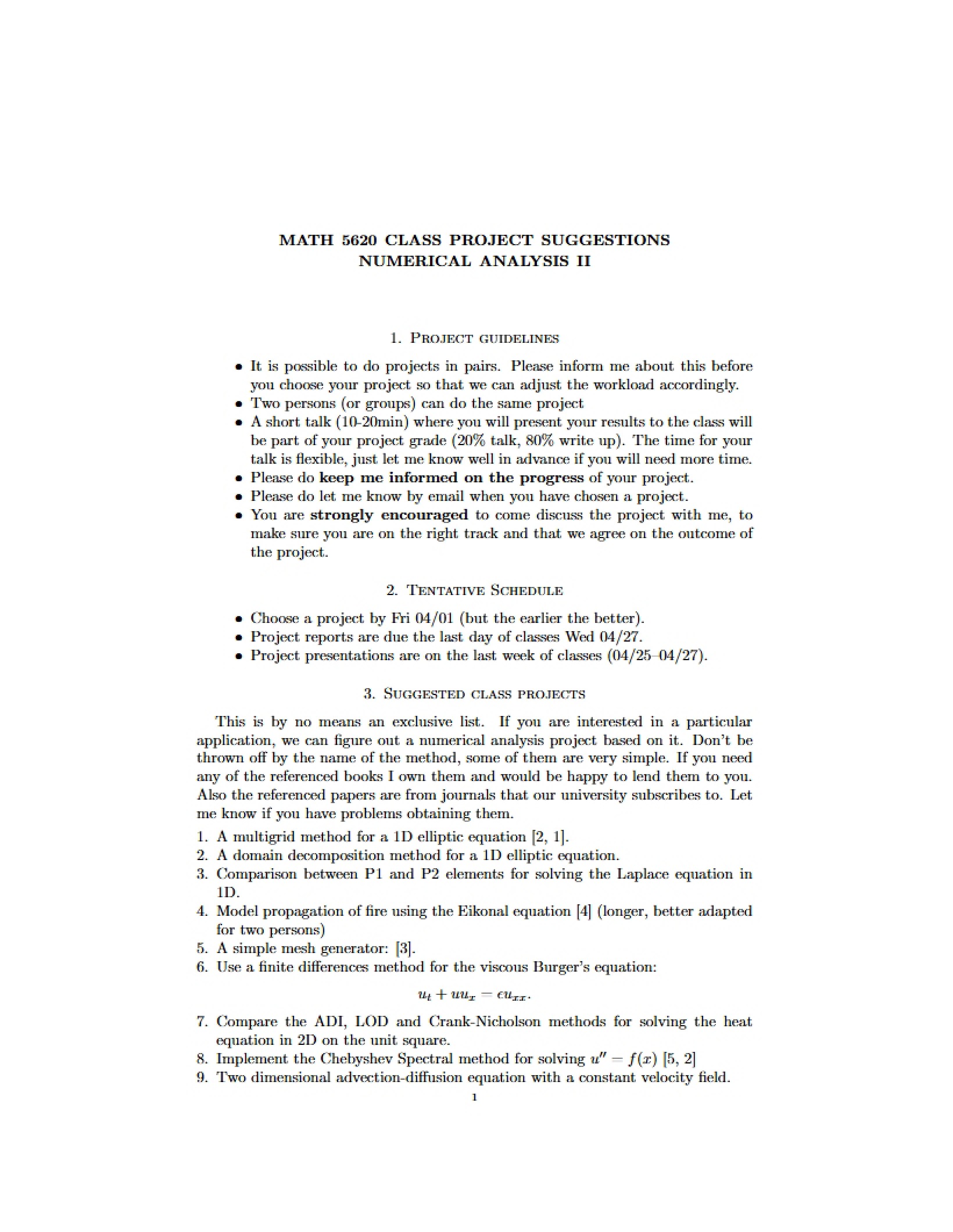 Suggestions for Numerical Analysis II Projects