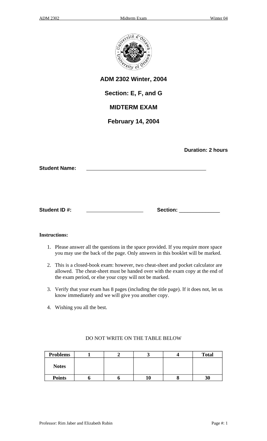 Winter 2004 Midterm Exam - ADM 2302