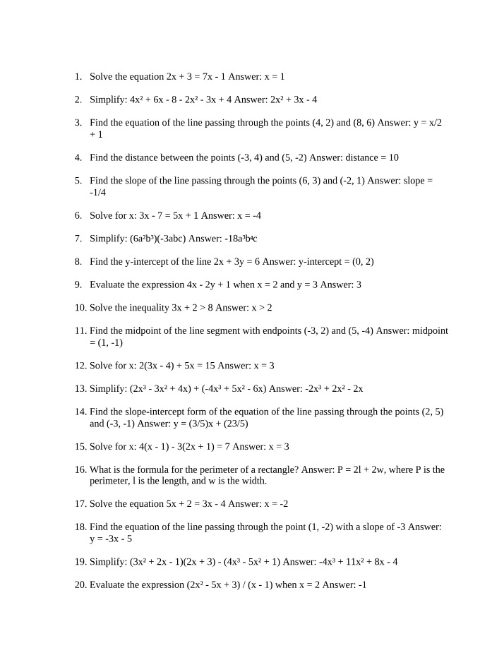 Algebra Practice Problems - Solving Equations and Simplifying Expressions