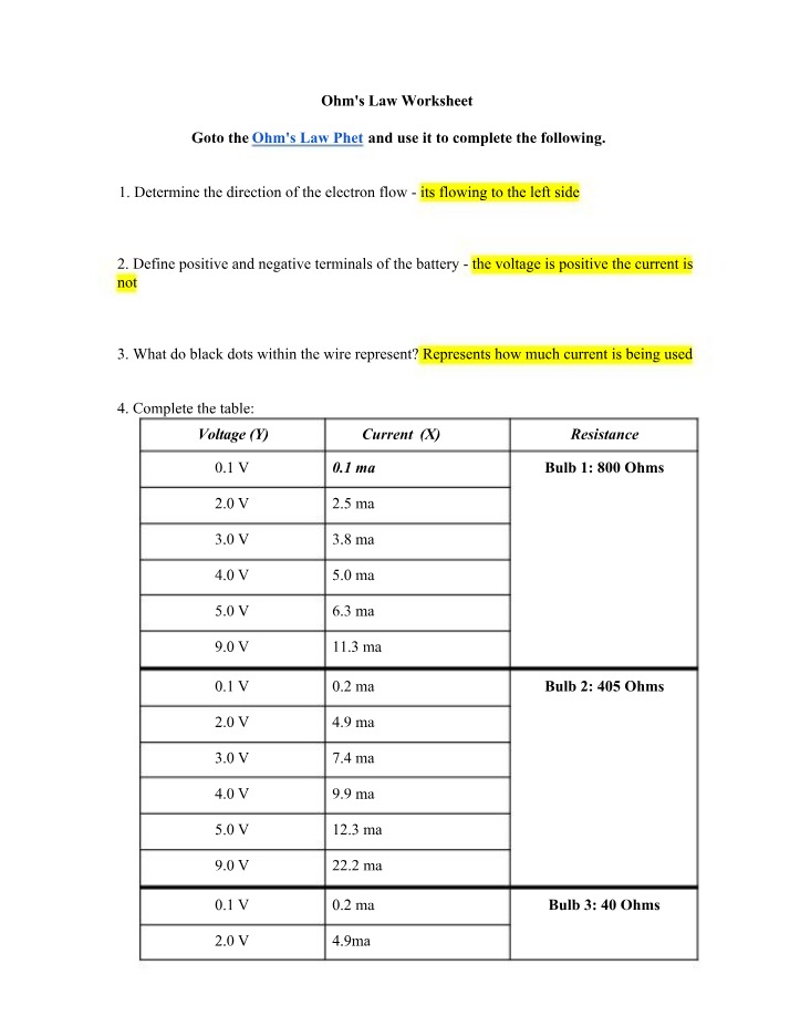 Worksheet on Ohm's Law