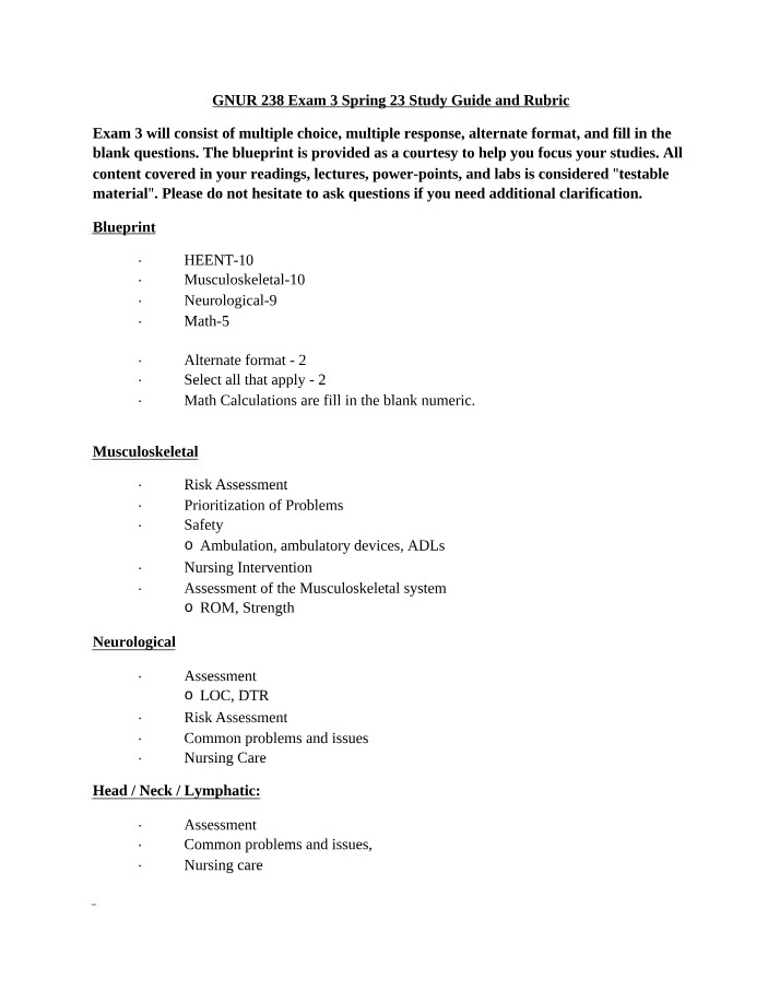Study Guide and Rubric for GNUR 238 Exam 3