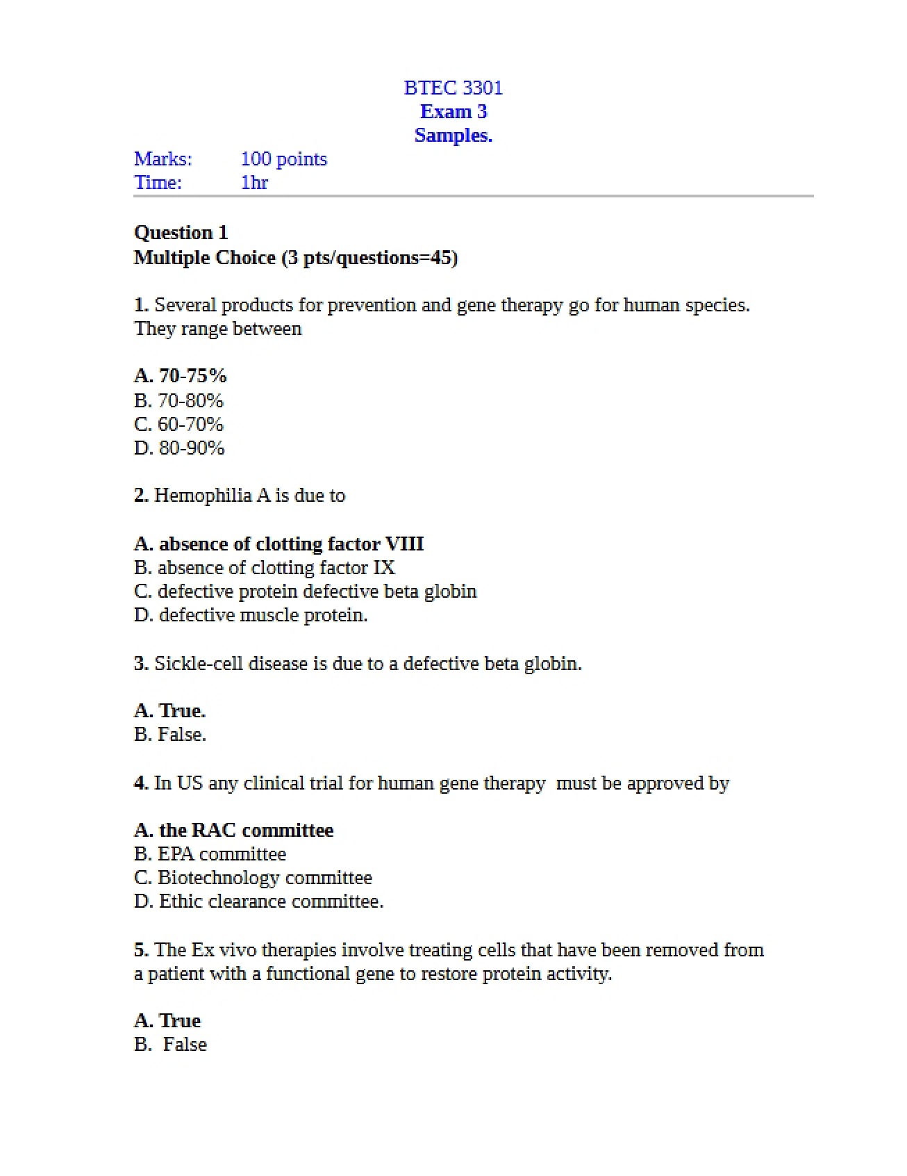 Third Test for a Biotechnology Course