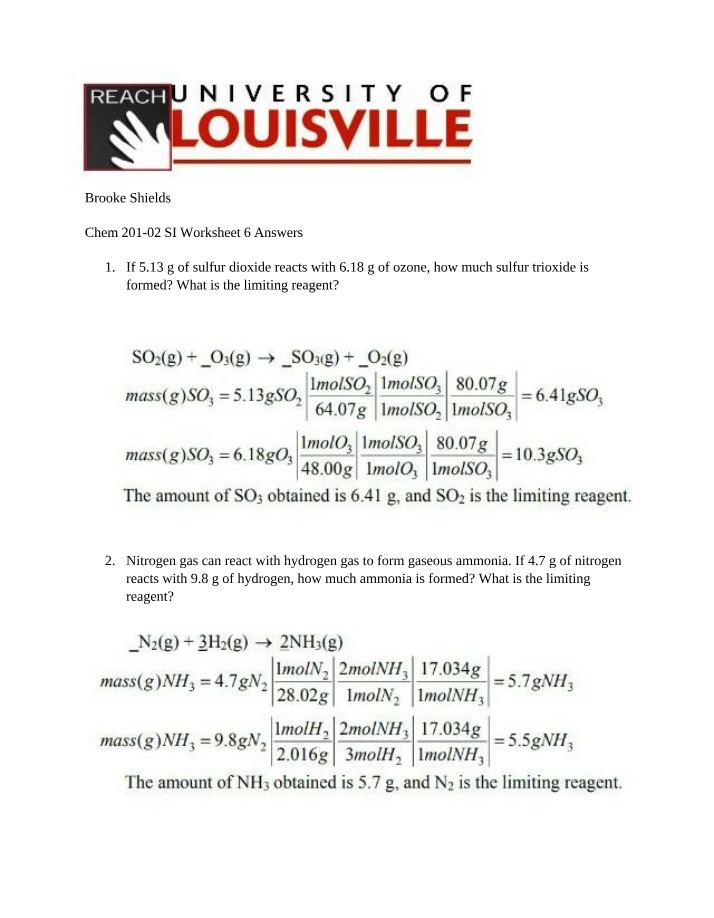 SI Worksheet 6 Answers - Limiting Reagents and Mass