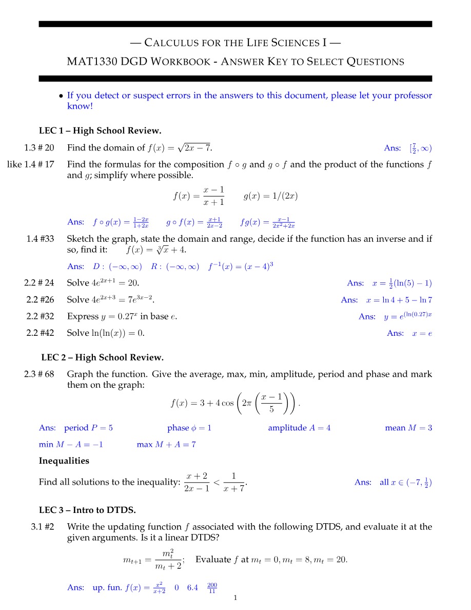 MAT1330 DGD Workbook Key Part 1