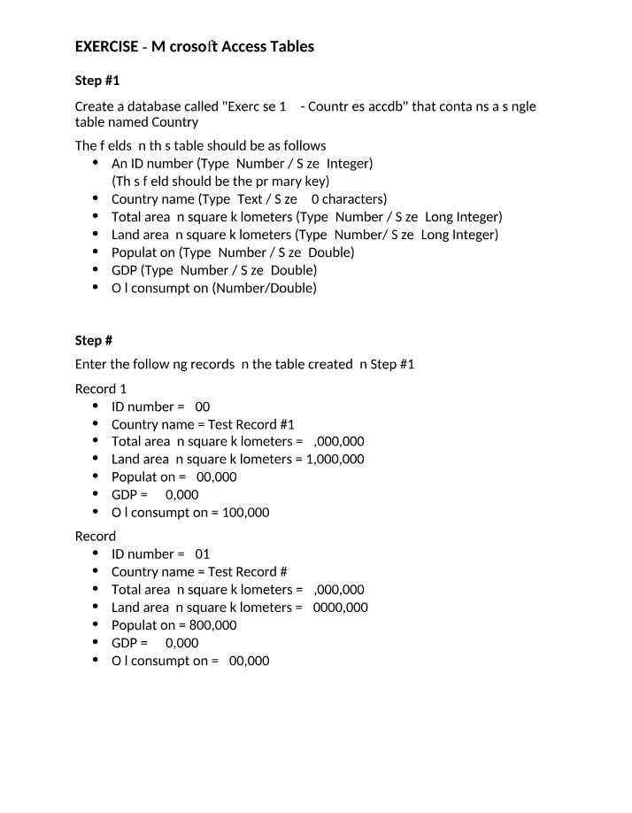 Exercise on Microsoft Access Tables