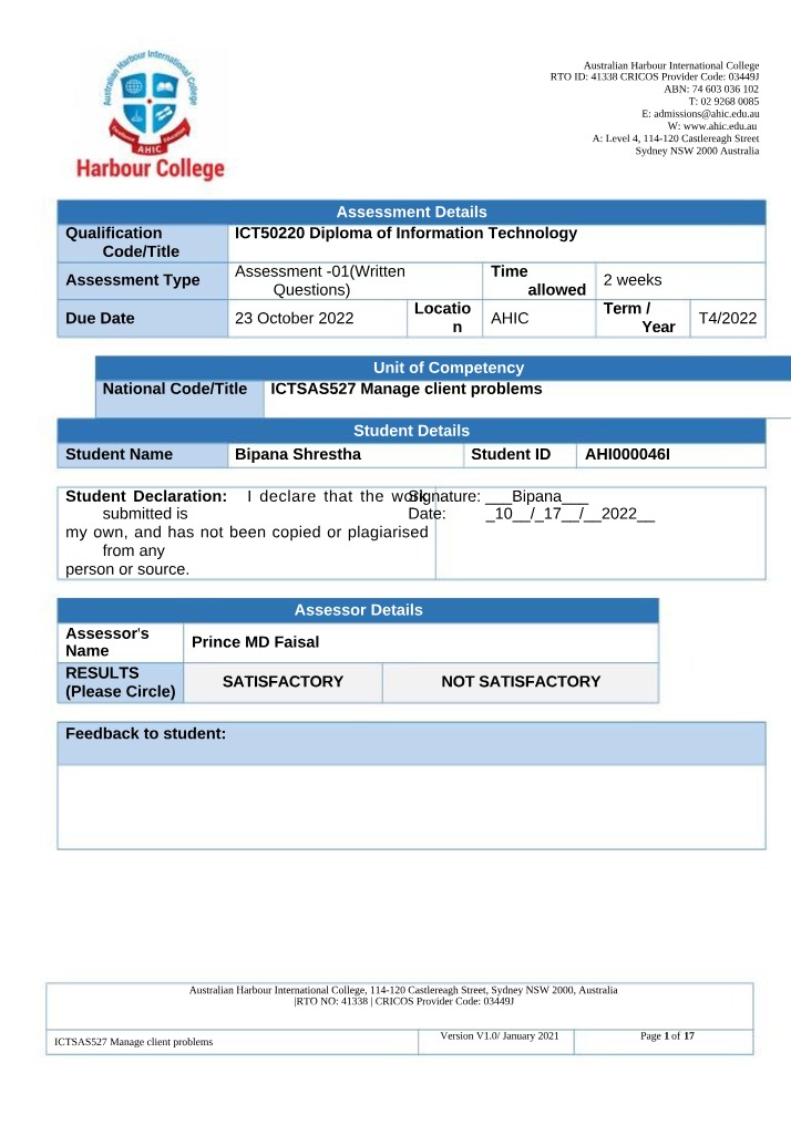 ICTSAS527 Assessment 01 - Manage Client Problems