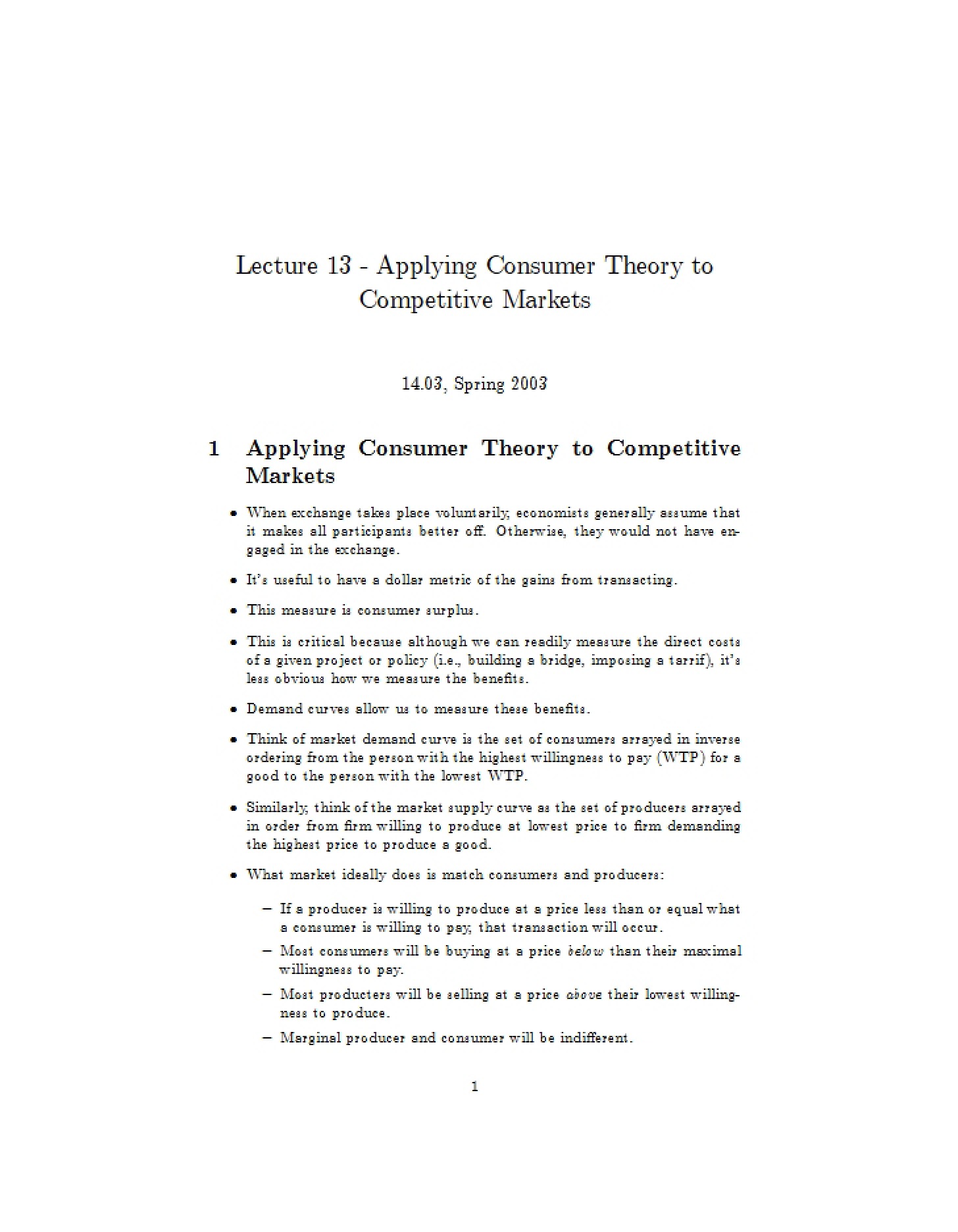 Competitive Markets Consumer Theory Application