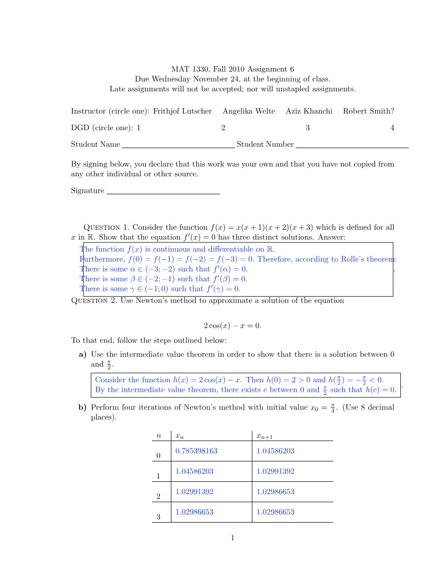 MAT1130 Calculus for the Life Sciences - Assignment