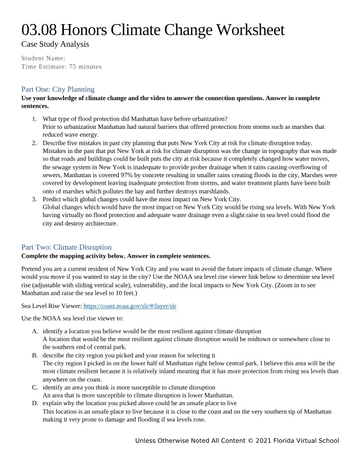 Climate Change Worksheet - 03.08 Honors
