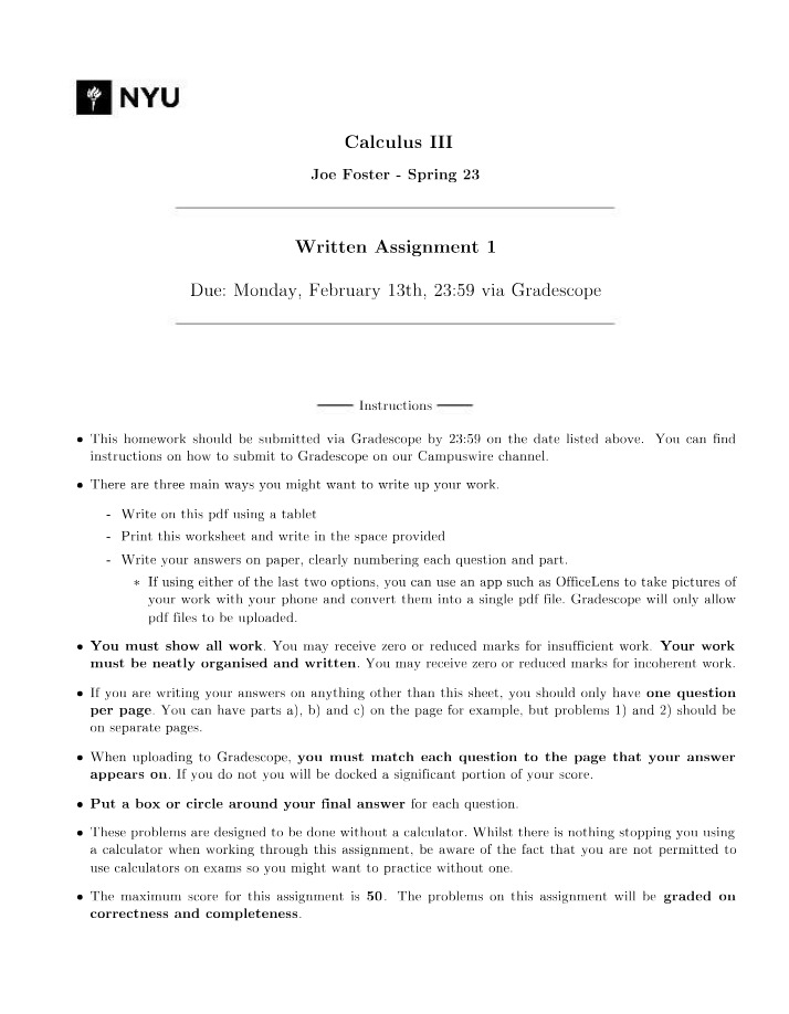 Written Assignment 1 - Calculus III