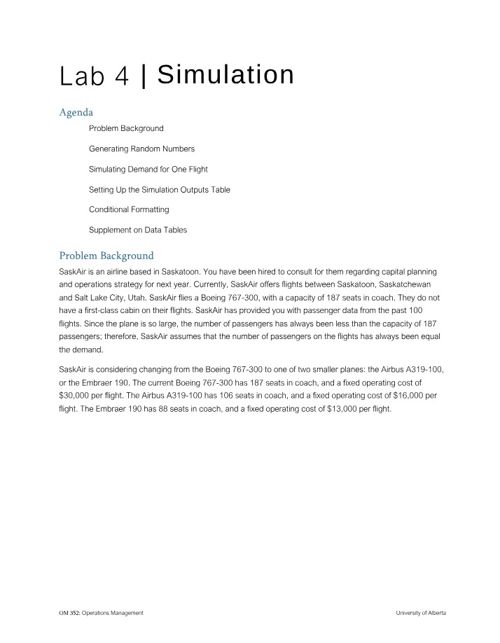 Demand Simulation for SaskAir Flights - Average and Standard