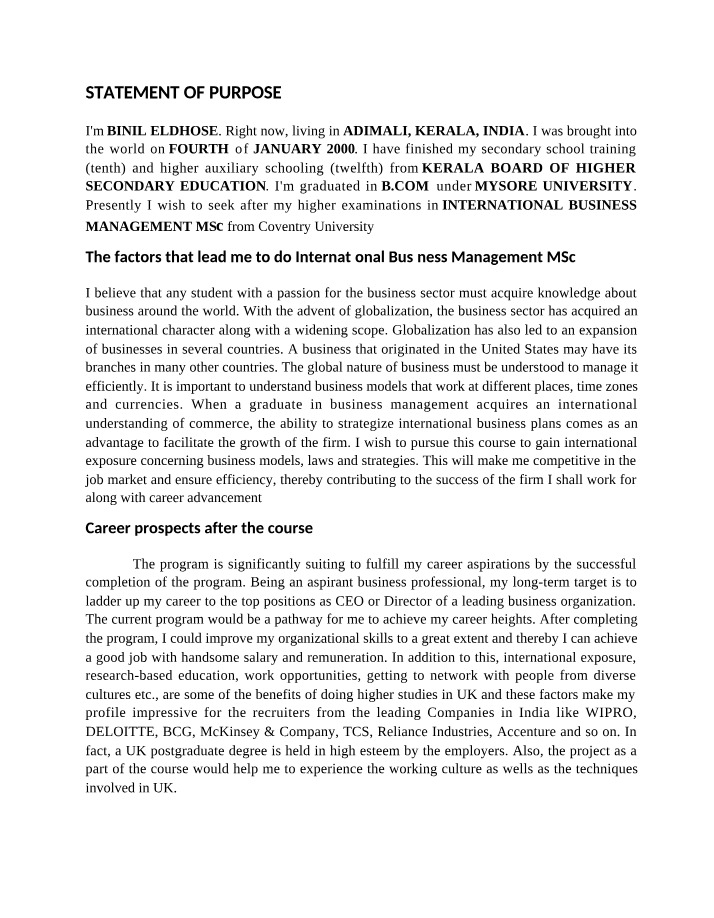 Statement of Purpose for Binil Eldhose