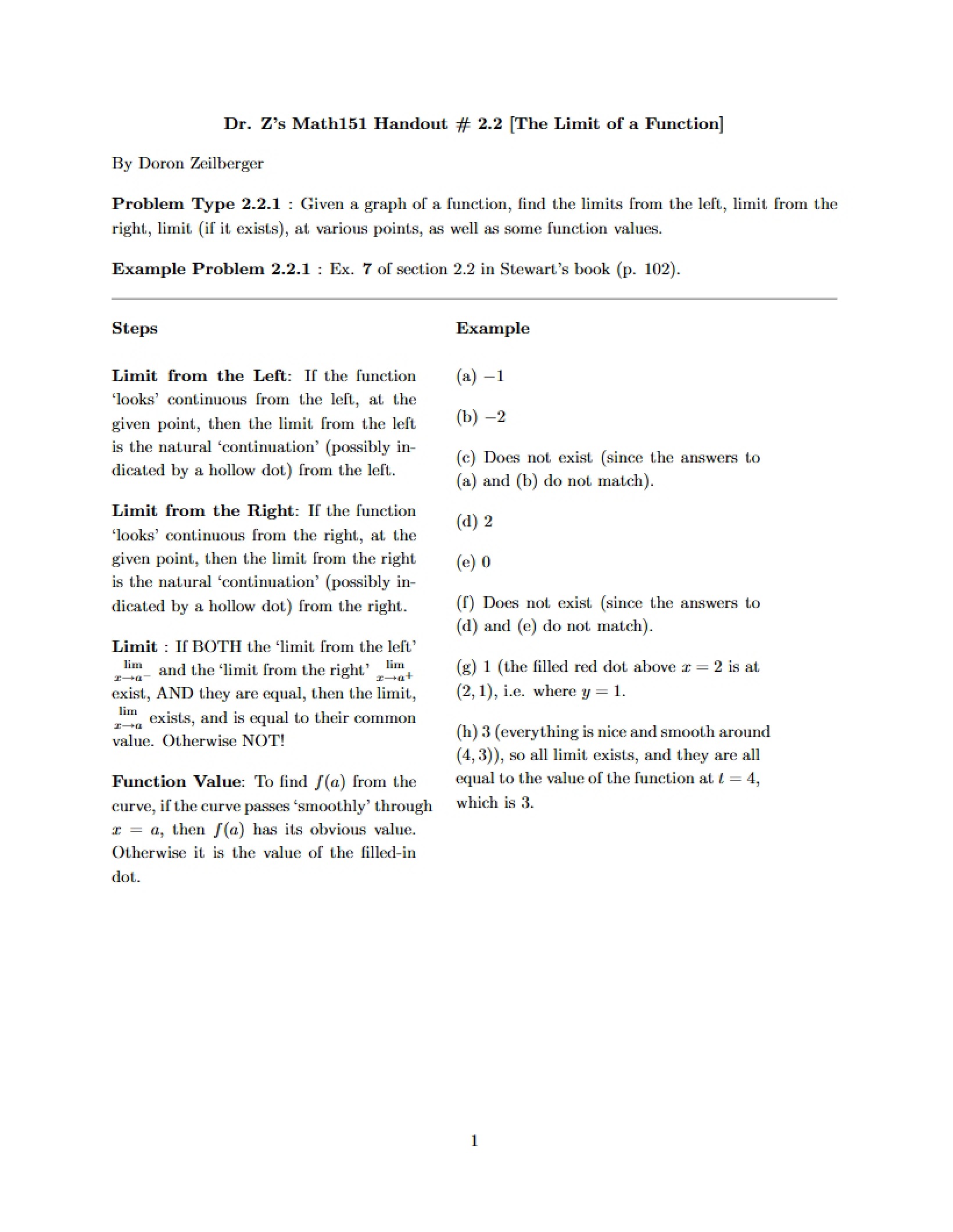Limit of a Function (Handout 2.2)