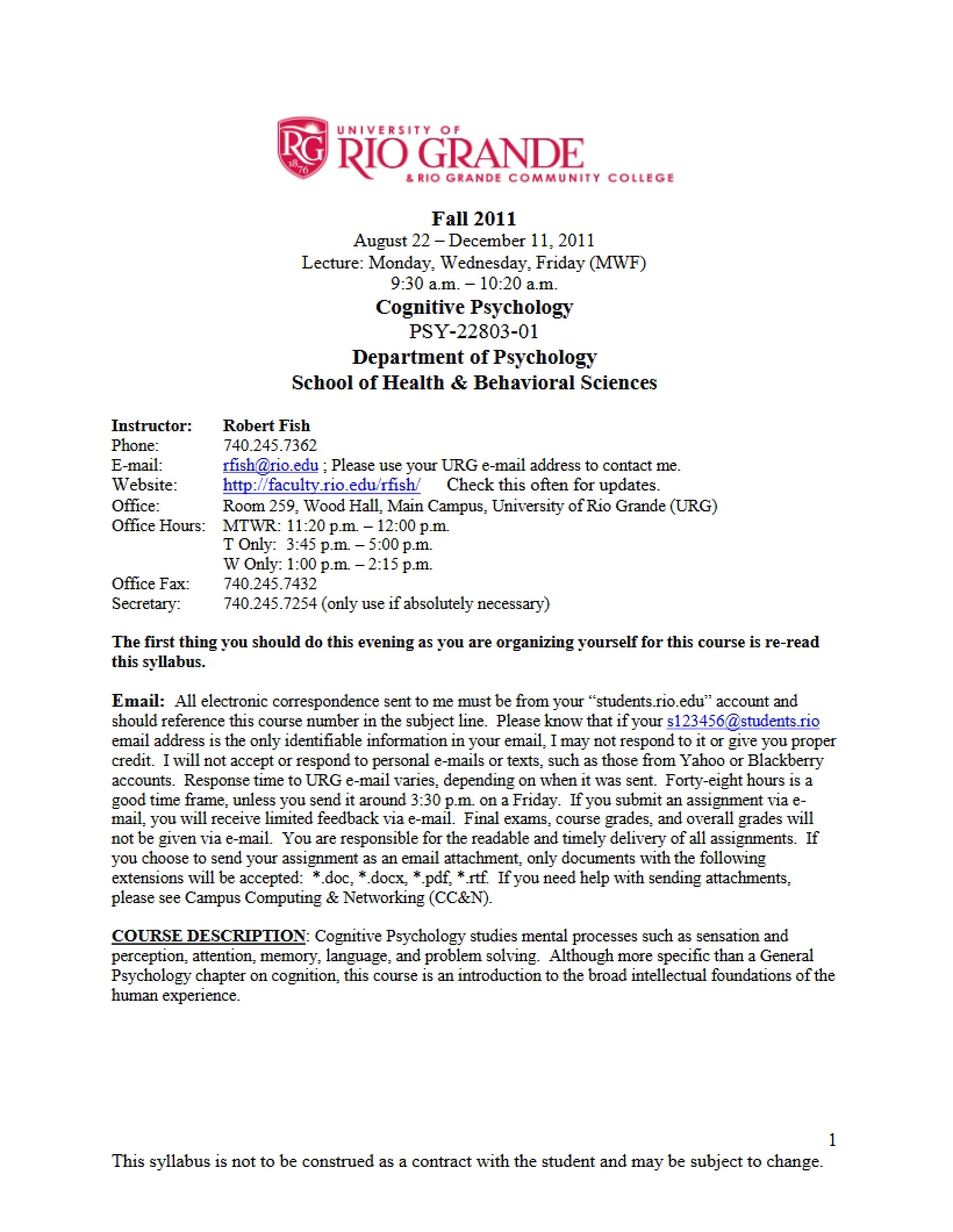 Cognitive Psychology Syllabus