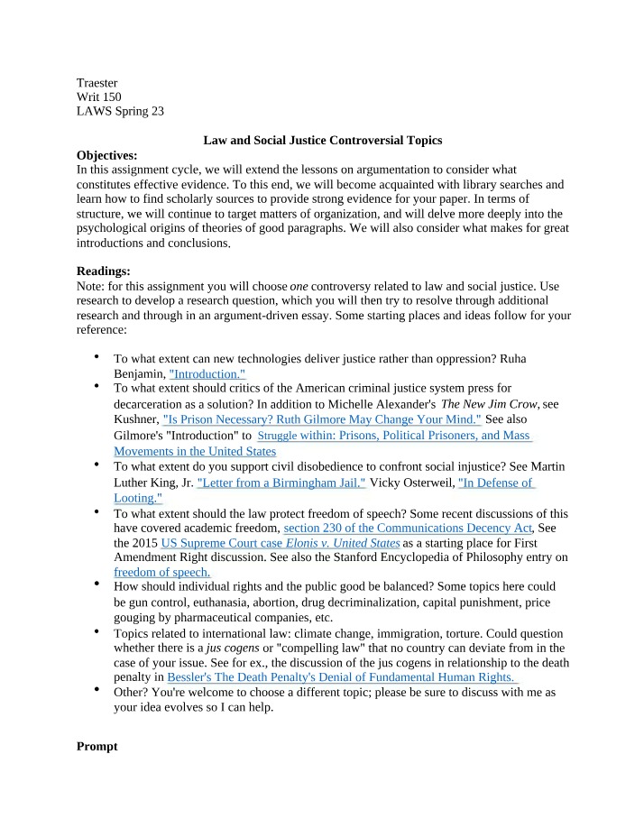 Assignment - Controversial Topics in Law and Social Justice