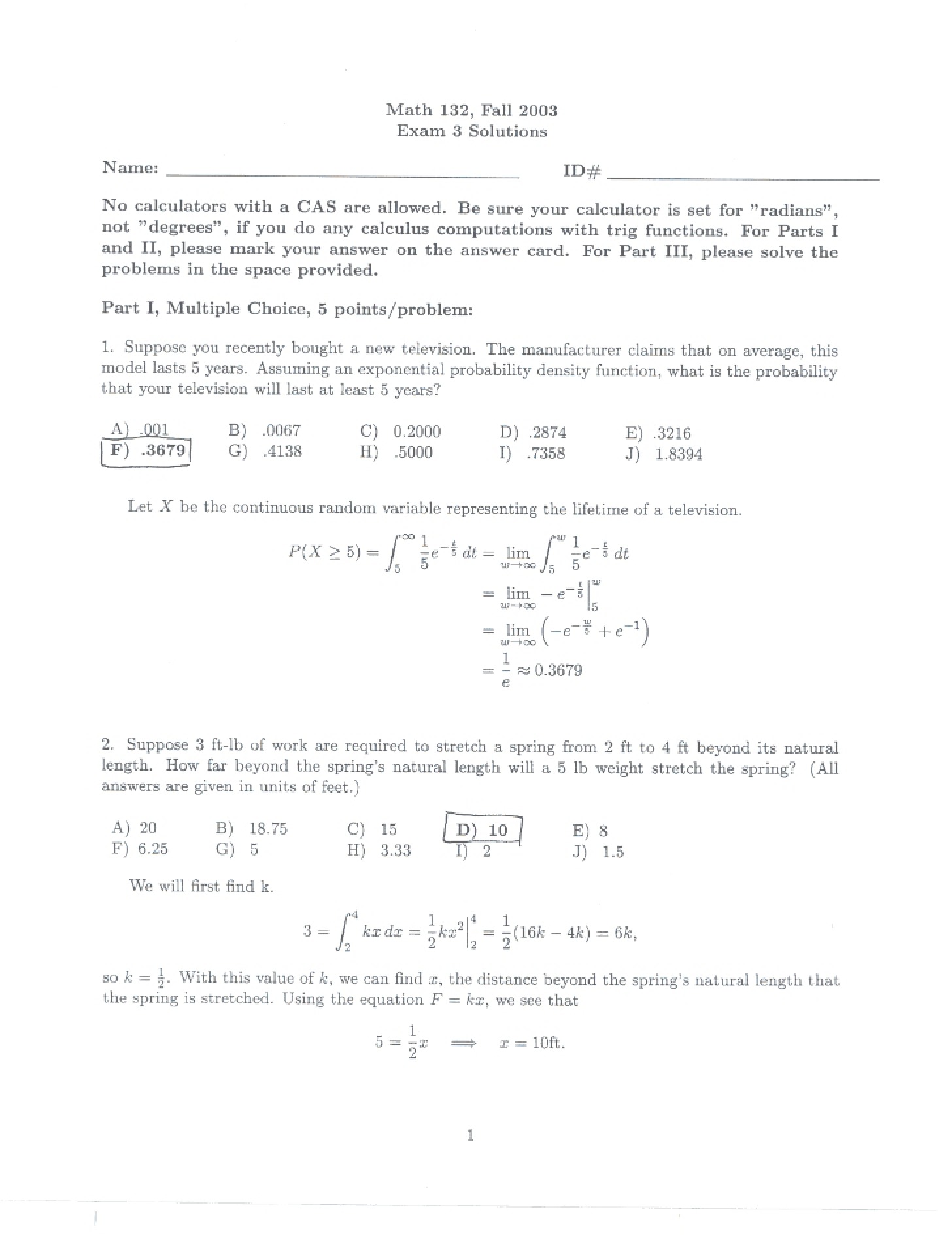 Exam 3 with Solutions (Fall 2003)