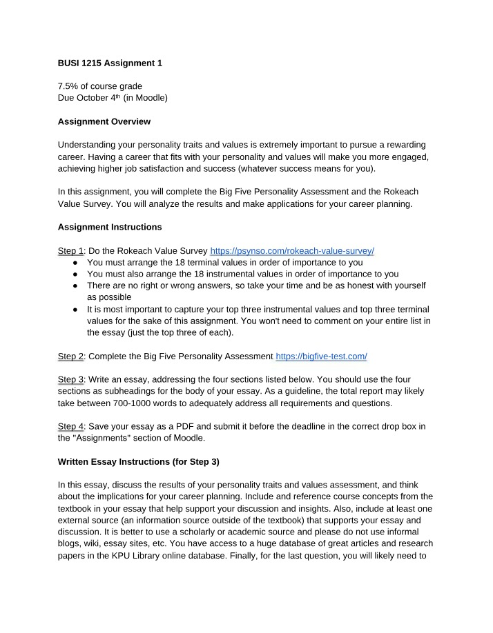 Assignment 1 - Personality and Values for Career Success