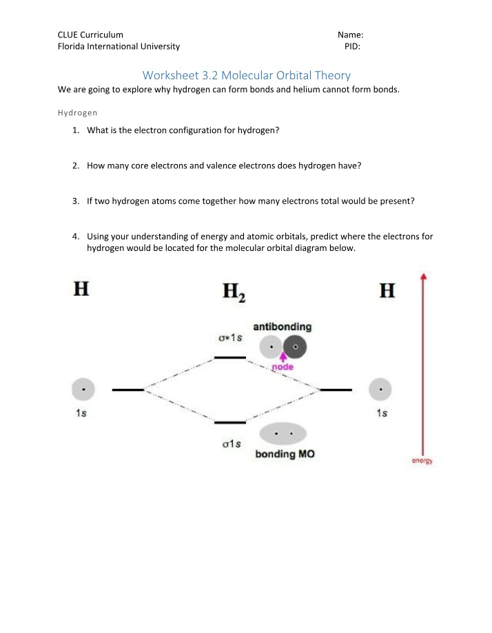 Worksheet 3.2 - Molecular Orbital Theory